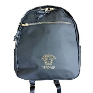 Versace Parfums Black/Gold Small Backpack Purse Nylon Zip Top Adjustable Straps